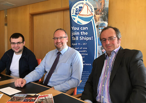 Left to right, Steven Hutton, Victor Sandison (Sail Training Shetland, Treasurer) and James Hutton.