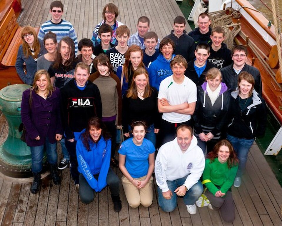 A group photo of some of our 2011 Shetland sail trainees onboard Statsraad Lehmkhul.