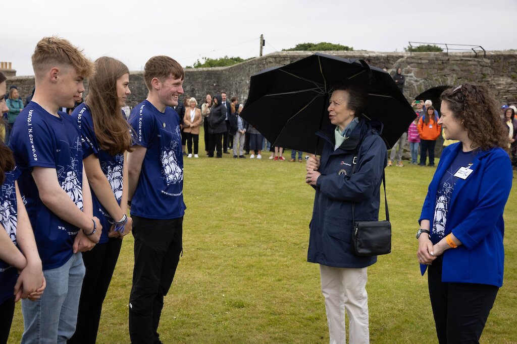 The Princess Royal talking with some of the Sail Training Shetland 2023 Trainees