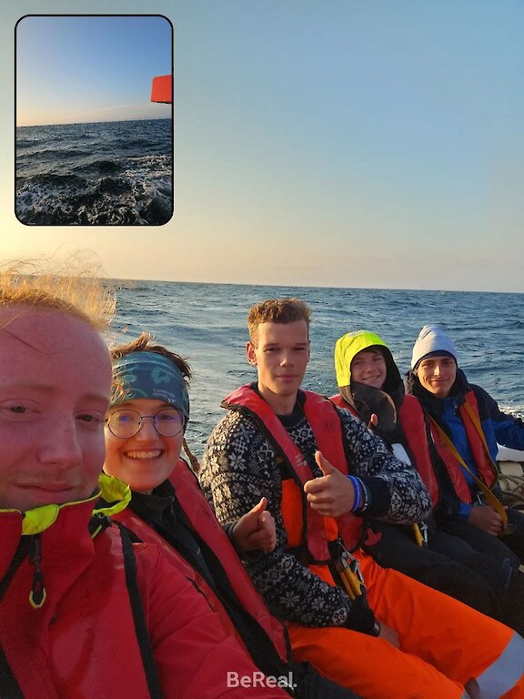 Christie (left) and Ronan (third left) crossing the North Sea with Excelsior crewmates.